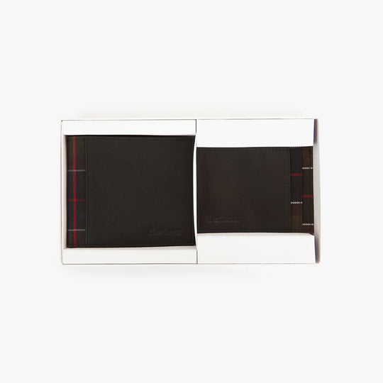 Barbour LEATHER Mens Wallet & Card Holder Gift Set Black/Tartan
