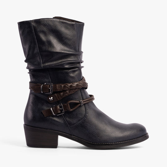 Marco Tozzi 25316-41-890 Womens Boots Navy Comb side view showcasing faux leather, block heel, and braided strap detail.