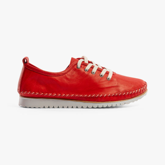 Mod Comfys L988D 5-Eye Lace Womens Leather Shoes Red side view with lace-up closure and round toe.