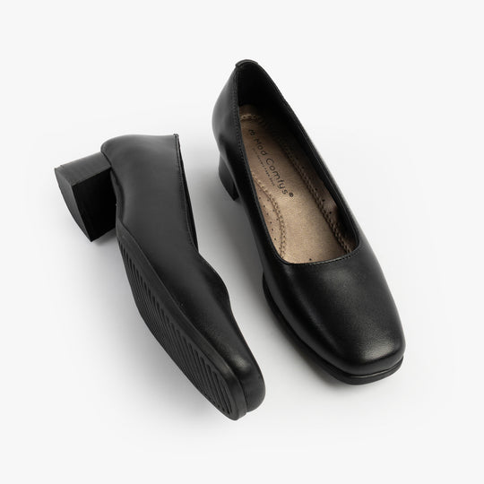 Mod Comfys TARA Womens Low Block Heel Court Shoes Black