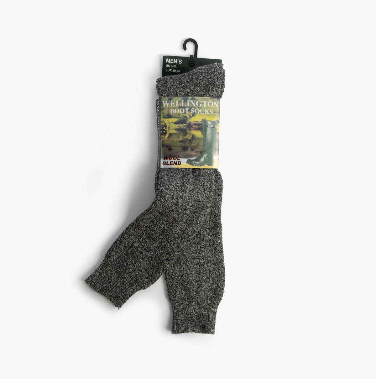 Mud Dogs Mens Welly Boot Socks Grey, front view, wool blend material, packaged with label.