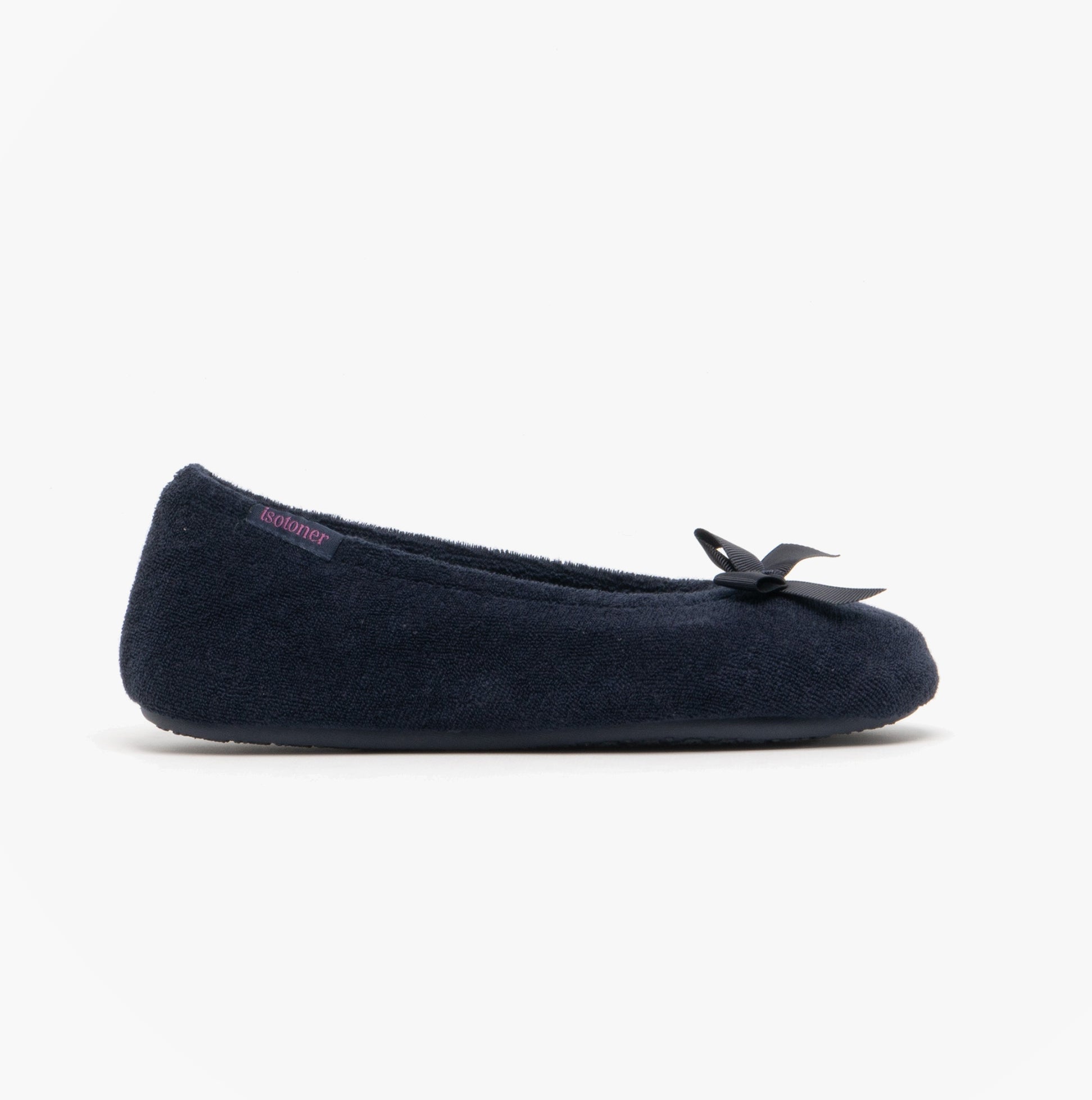Totes Isotoner STRETCH TERRY BOW Womens Ballerina Slippers Navy