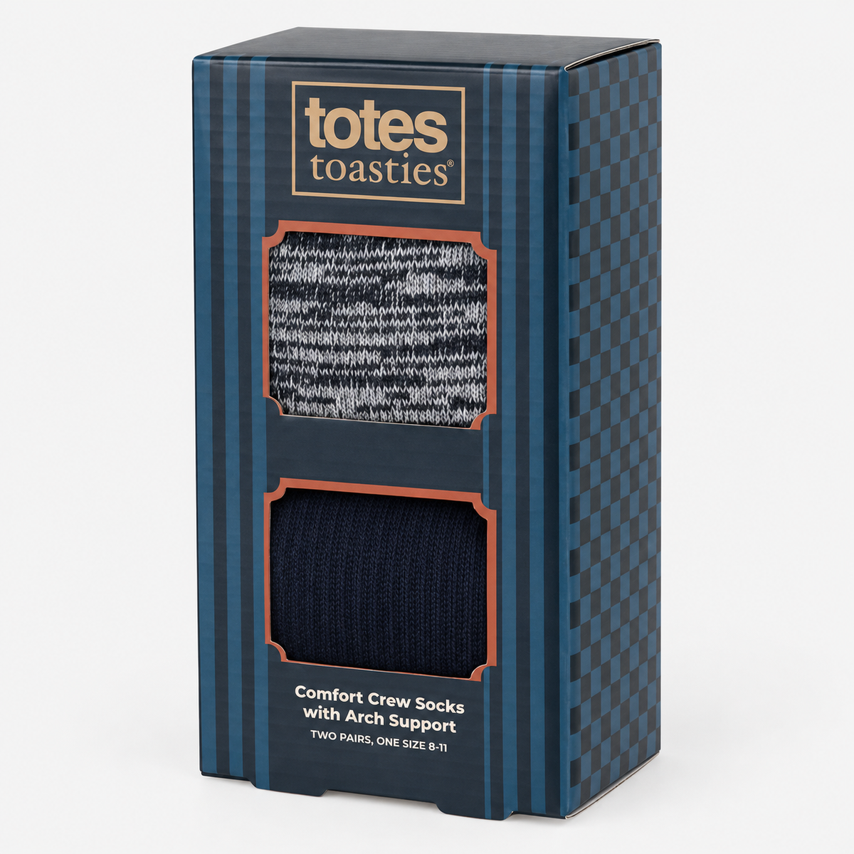 Totes Toasties TERRY SOCK WITH ARCH SUPPORT (TWIN PACK) Mens Crew Socks Grey / Navy Mix
