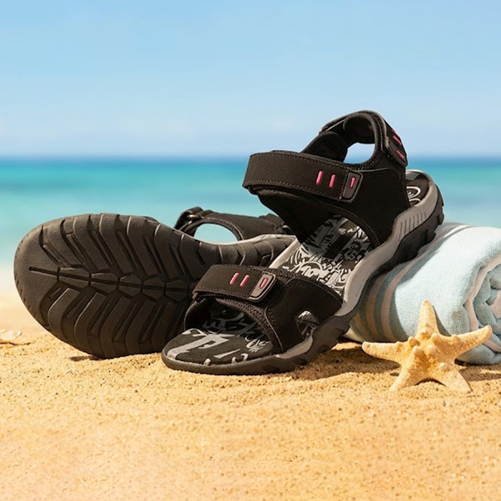 PDQ SANDY Womens Faux Nubuck Velcro Sports Sandals Black