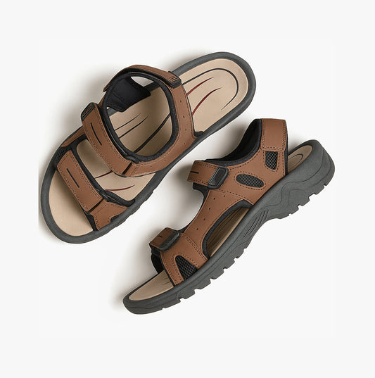PDQ BROWN PU 3 Touch Fastening Adjustable Sports Sandal