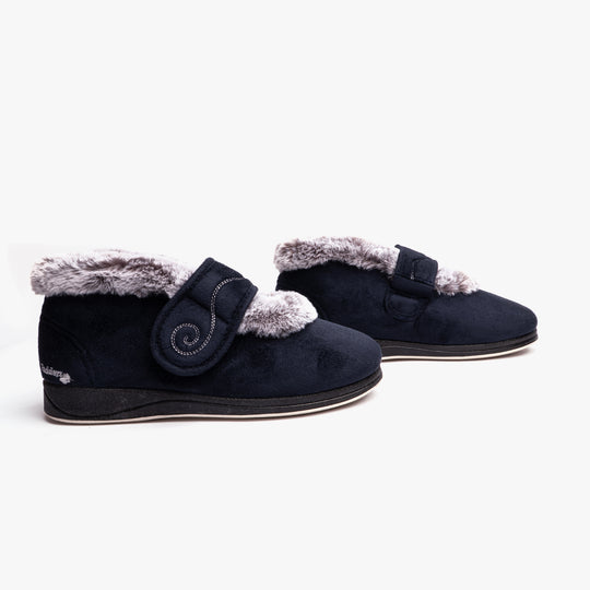 Padders HUSH Womens (2E Fit) Touch Fasten Boot Slippers Navy