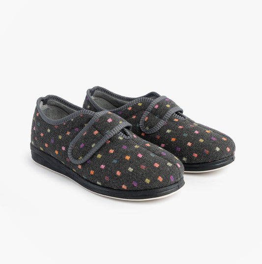 Padders CAMILLA Womens Touch Fasten Polka Dot Slippers Grey/Multi