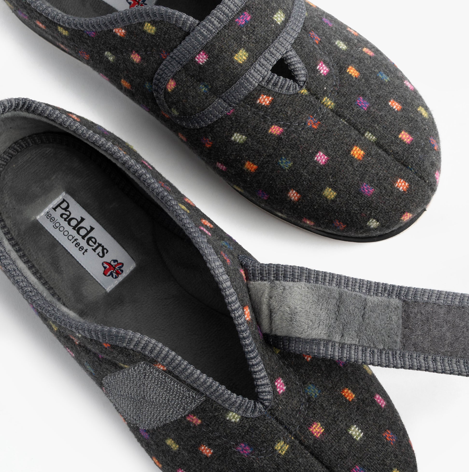 Padders CAMILLA Womens Touch Fasten Polka Dot Slippers Grey/Multi