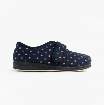 Padders CAMILLA Womens Touch Fasten Polka Dot Slippers Navy/Multi