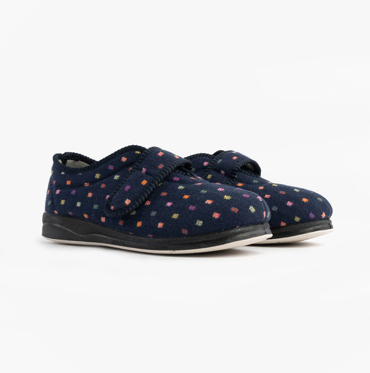 Padders CAMILLA Womens Touch Fasten Polka Dot Slippers Navy/Multi