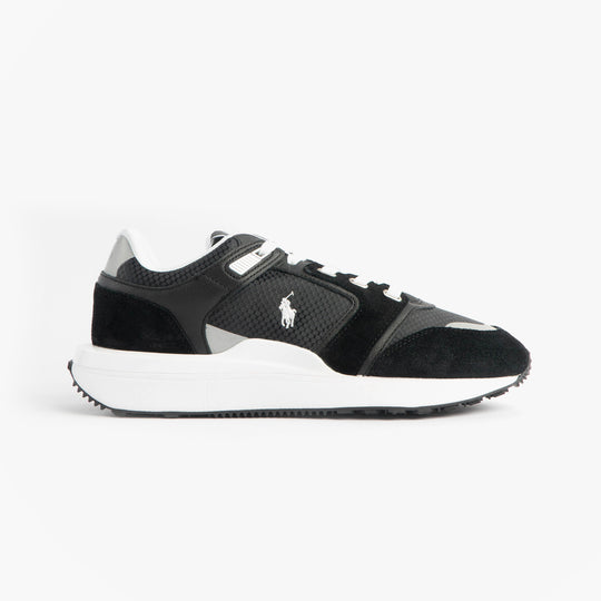 Polo Ralph Lauren Train 89 V2 Mens Suede Panelled Trainer Black/White side view with signature embroidered Pony.