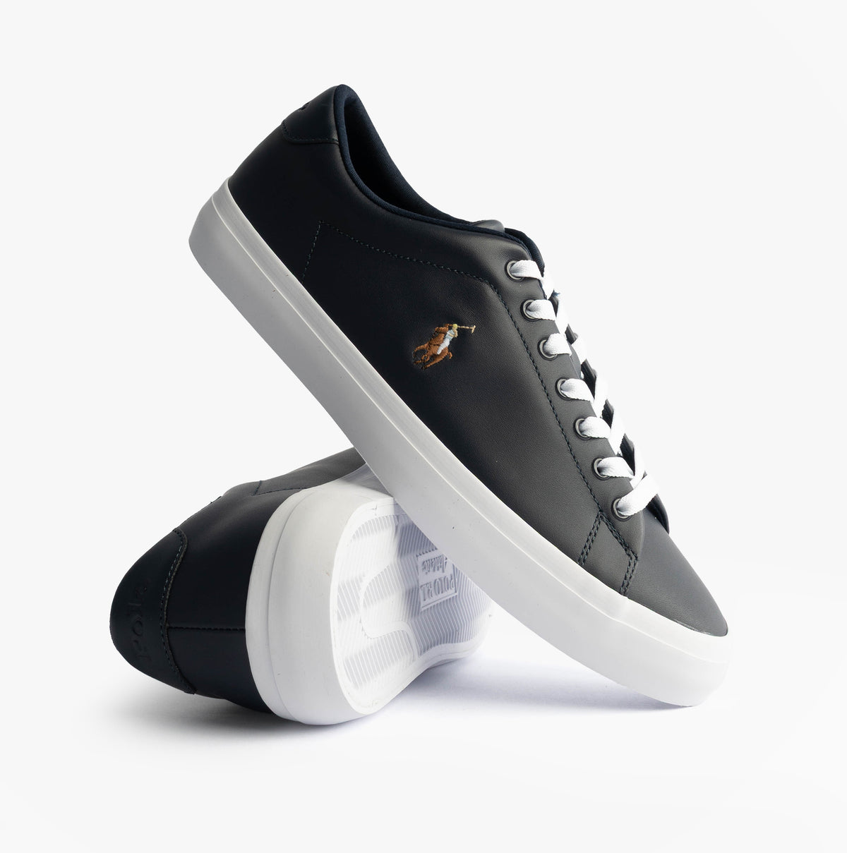 Polo Ralph Lauren LONGWOOD Mens Trainers Hunter Navy side view showcasing leather upper and lace-up closure.