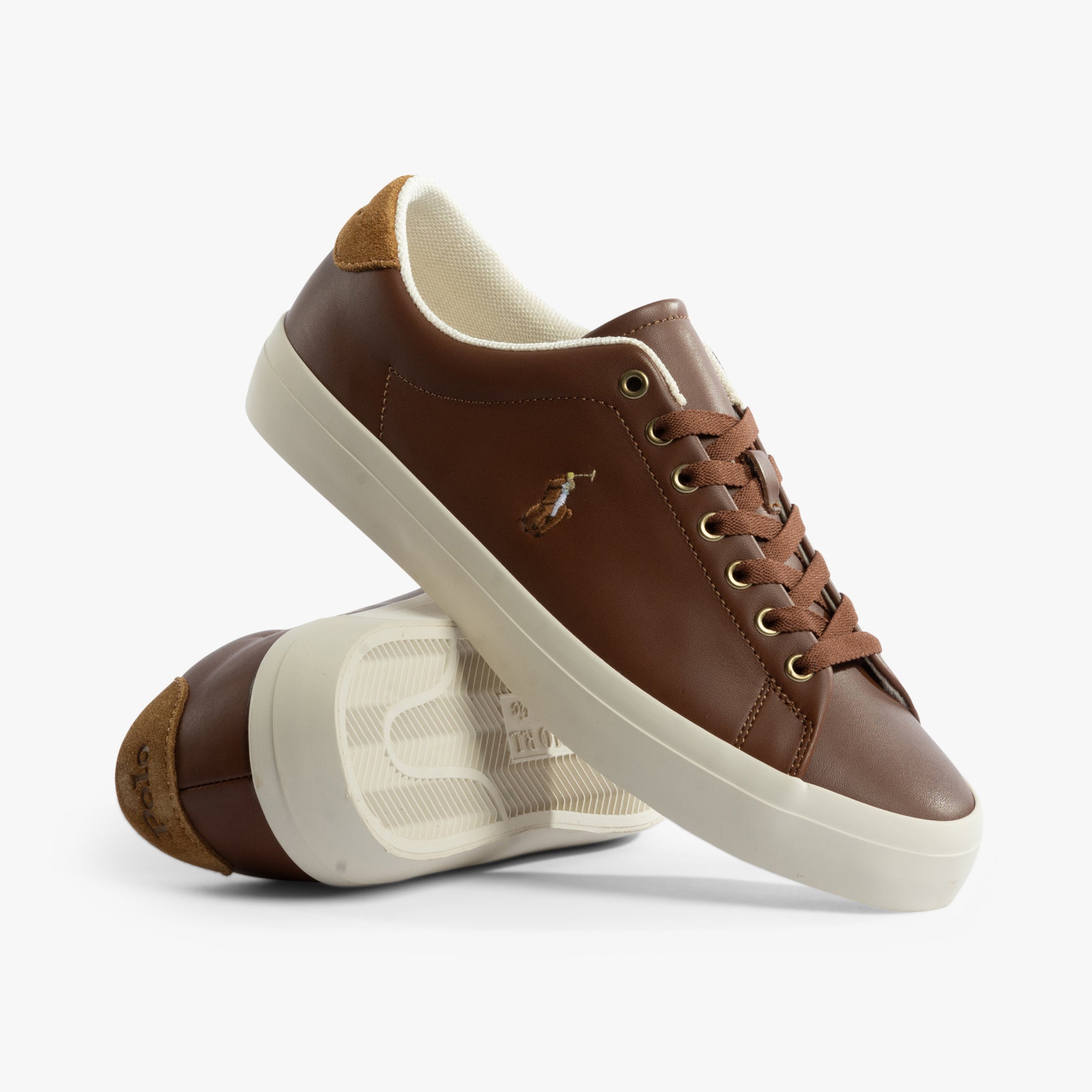 Polo Ralph Lauren LONGWOOD Mens Trainers Tan side view showing leather upper and rubber sole details.