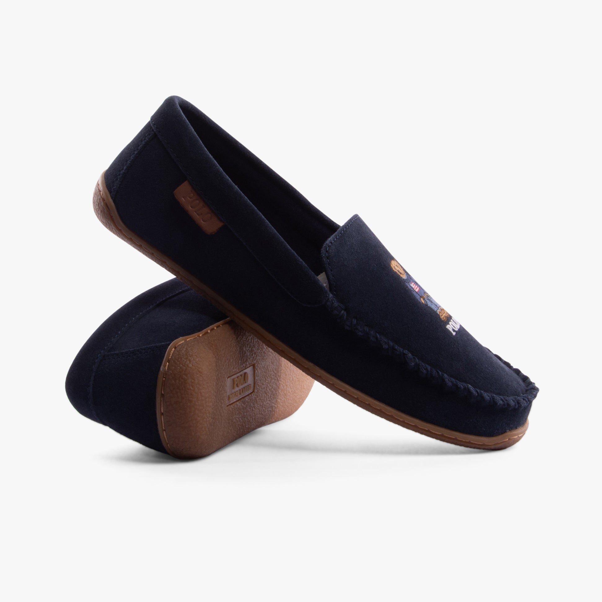Polo Ralph Lauren BRENAN BEAR Mens Moccasin Slippers Navy Suede side view showcasing suede upper and rubber sole.