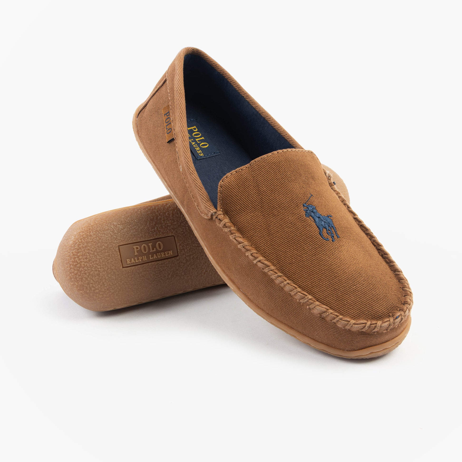 Polo Ralph Lauren BRENAN Mens Slippers Tan Washed Twill/Navy