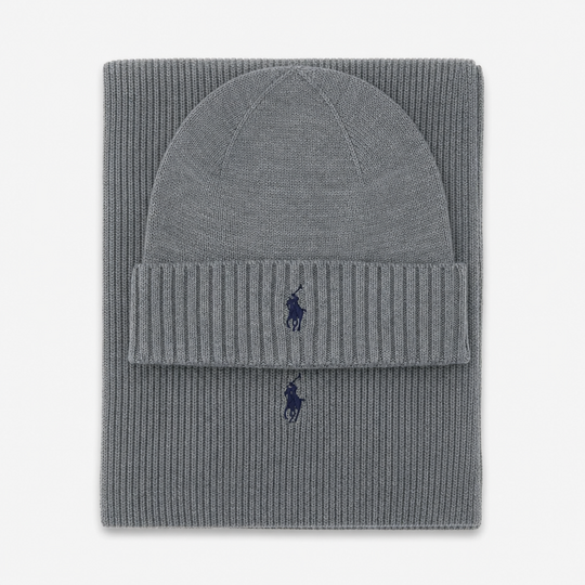 Polo Ralph Lauren Hat and Scarf Set Mens Beanie Fawn Grey Heather
