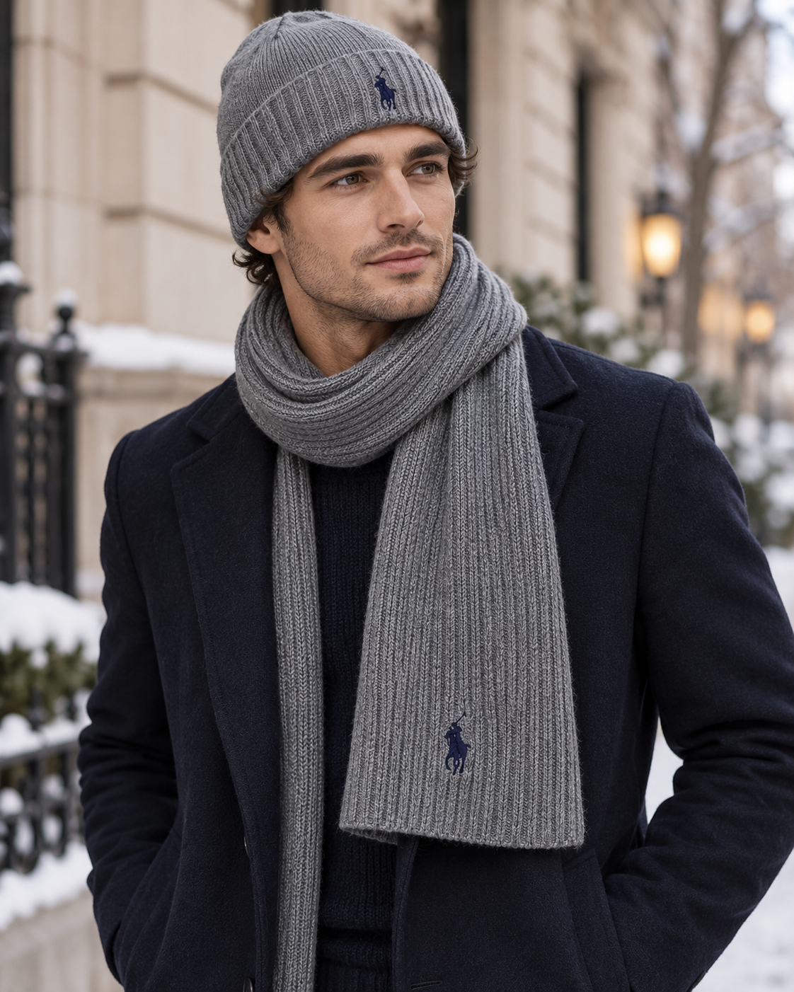 Polo Ralph Lauren Hat and Scarf Set Mens Beanie Fawn Grey Heather
