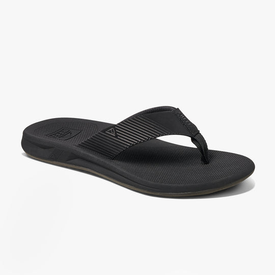 Reef PHANTOM II Mens Sandals Black side view with synthetic upper, EVA lining, and flat sole.