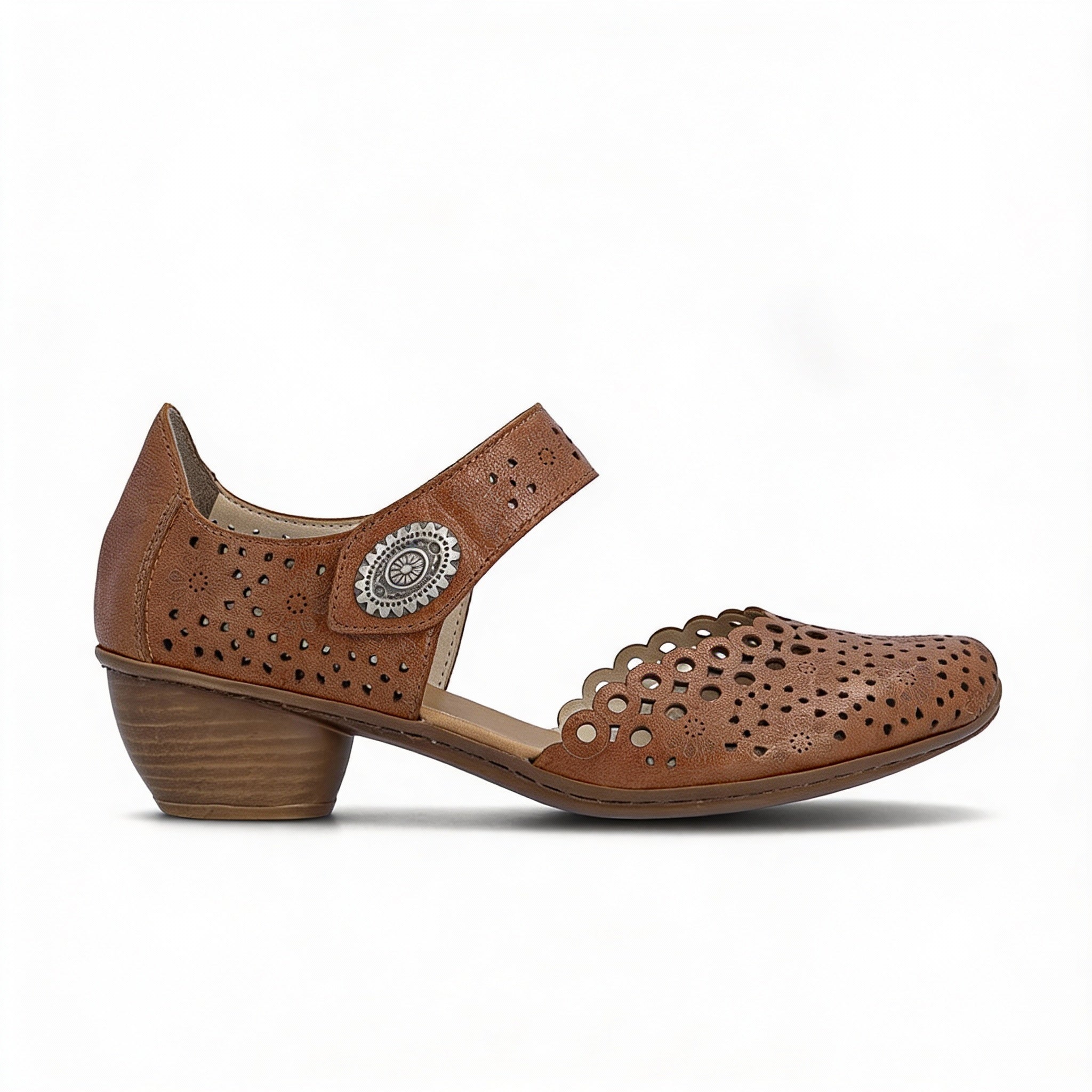 Rieker MIRJAM 43753-22 Womens Ankle Strap Sandals Tan side view with perforated design and medium heel.