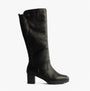 Rieker 77684-00 Womens Boots Black side view showcasing tall leather design and rubber sole.