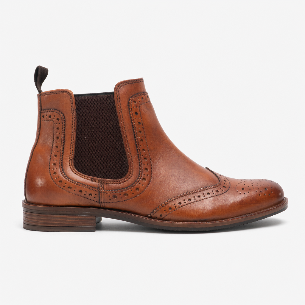 Roamers BLAKE Mens Leather Brogue Chelsea Boots Tan