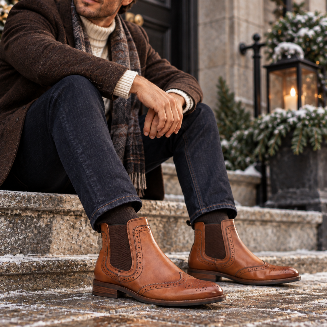 Roamers BLAKE Mens Leather Brogue Chelsea Boots Tan
