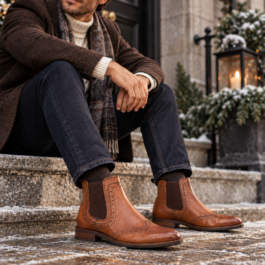 Roamers BLAKE Mens Leather Brogue Chelsea Boots Tan