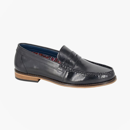 Roamers M550A Mens Loafers Black side view showcasing leather upper and slip-on design.