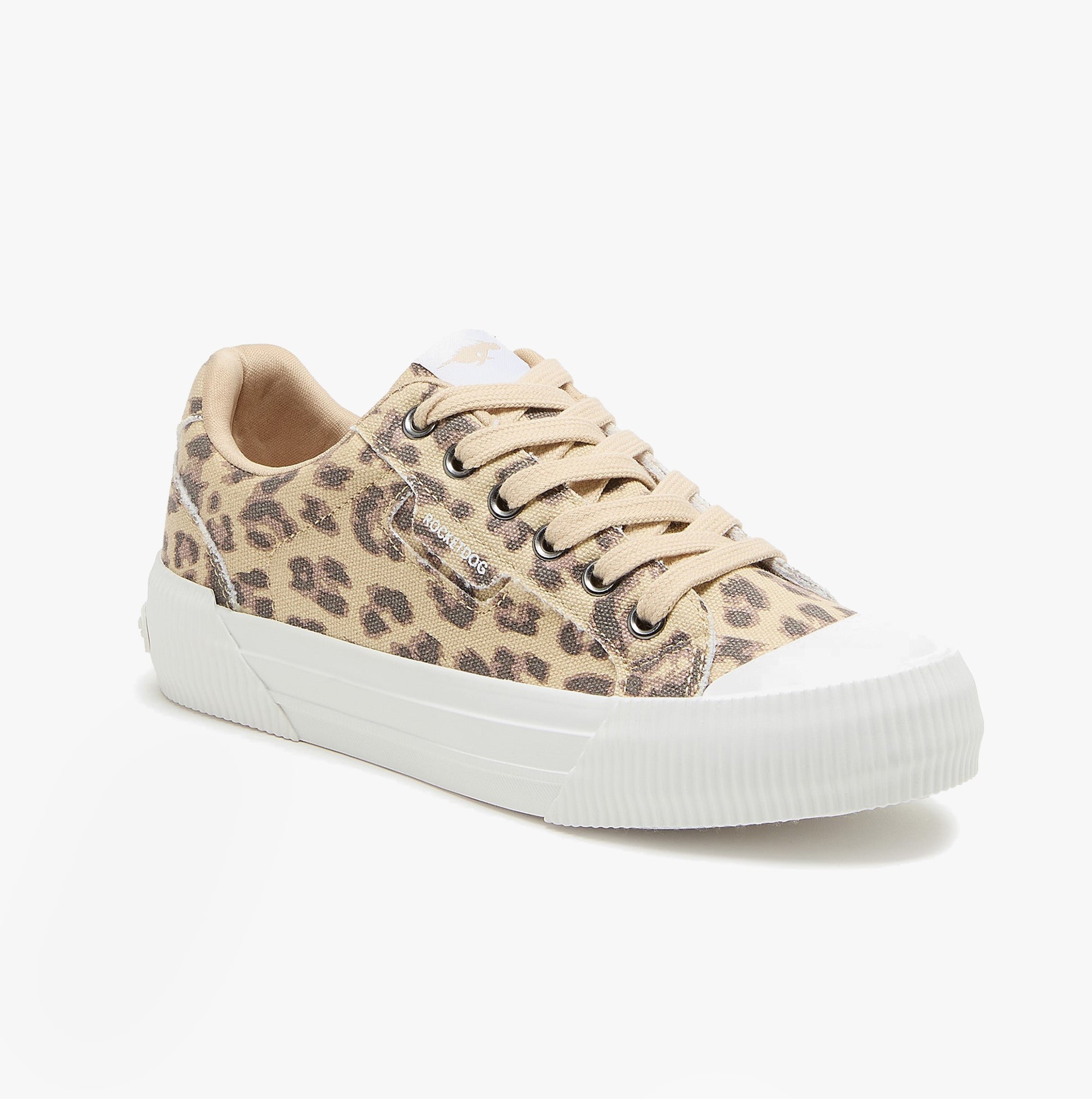 Rocket Dog CHEERY DEXTER Womens Shoes Tan side view, casual trainer in leopard print canvas with lace-up closure.