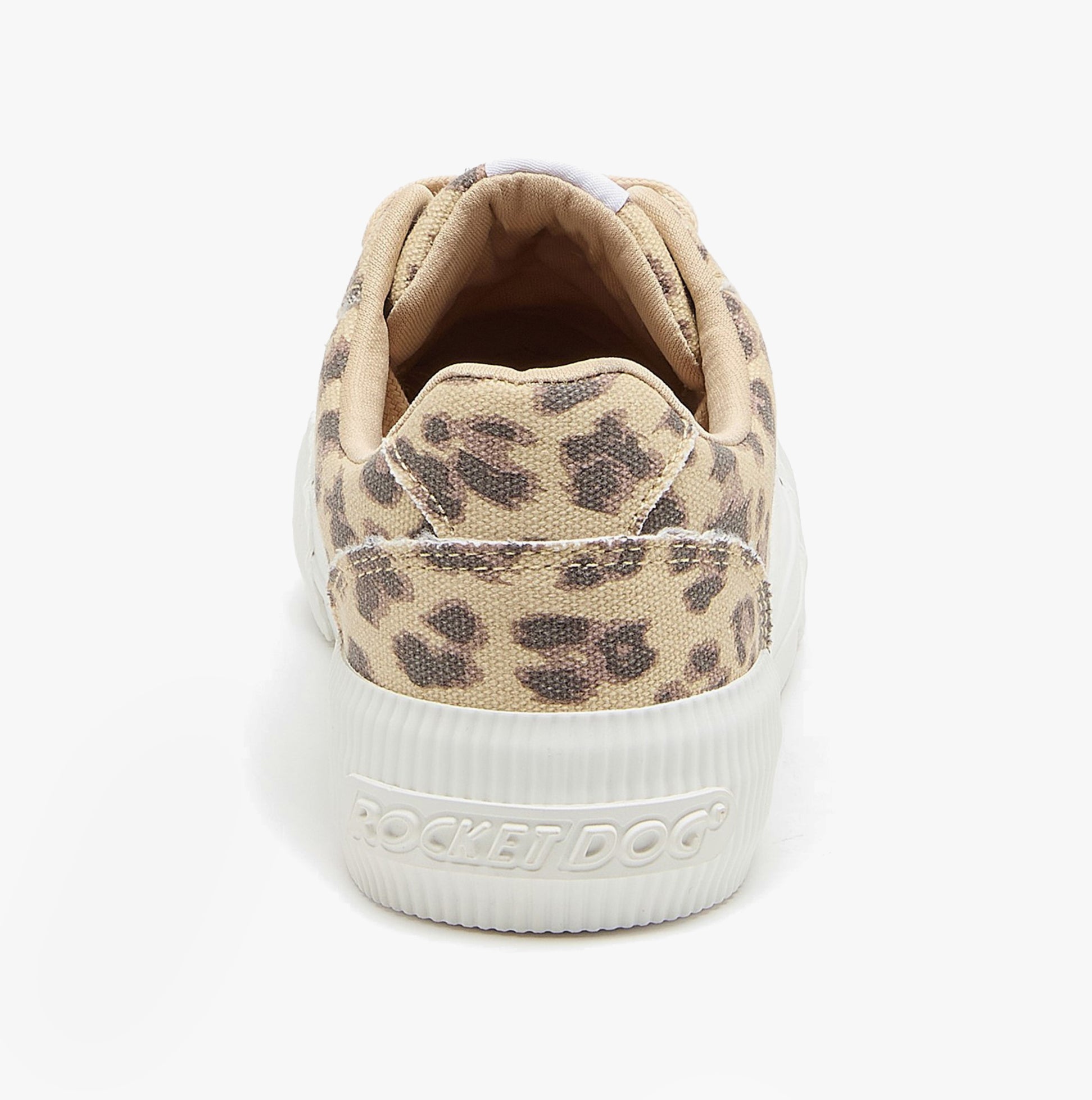 Rocket Dog CHEERY DEXTER Womens Shoes Tan rear view showing cushioned collar and leopard print design.