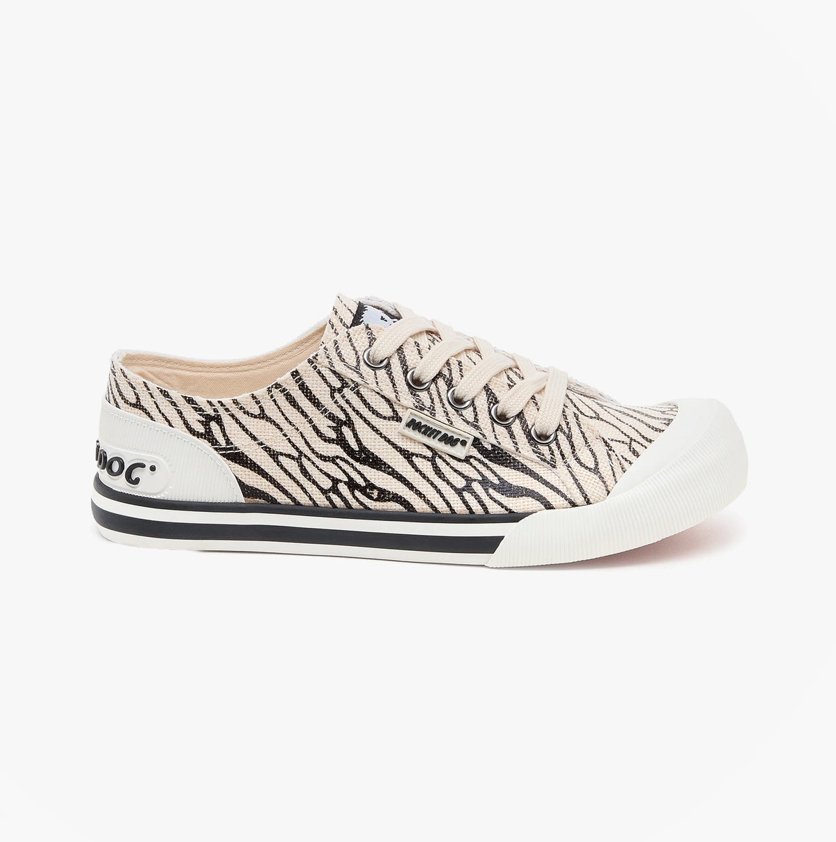 Rocket Dog JAZZIN WALES Womens Trainers Black side view showcasing casual textile upper and lace-up design.