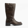 Rocket Dog NASH Womens Boots Brown side view showcasing tall faux leather design with buckle details.