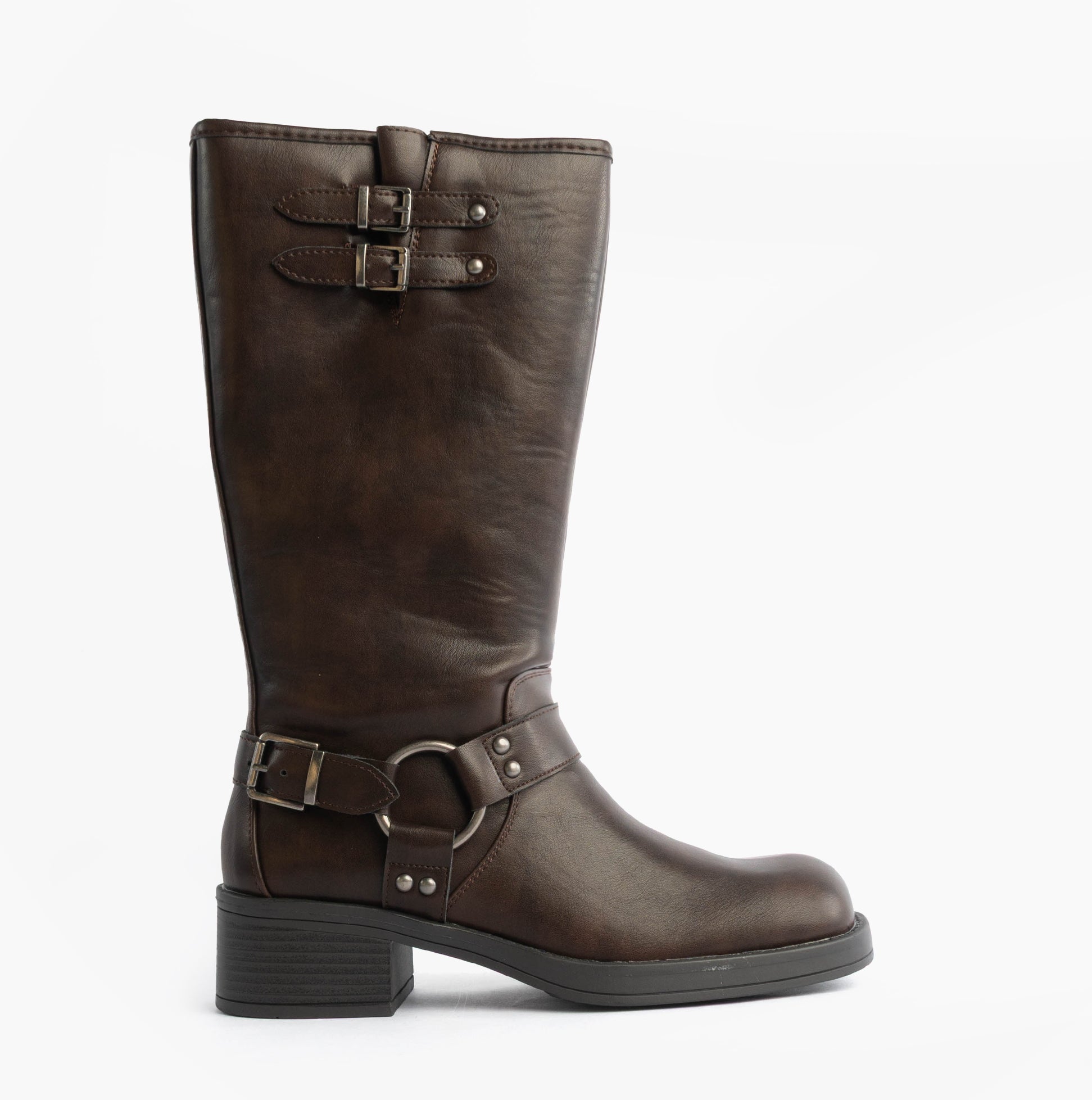 Rocket Dog NASH Womens Boots Brown side view showcasing tall faux leather design with buckle details.