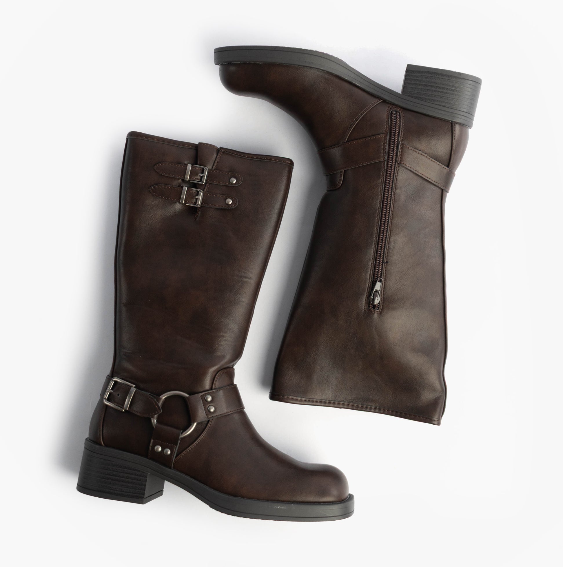 Rocket Dog NASH Womens Boots Brown side view showing tall faux leather design with buckle details and zip closure.