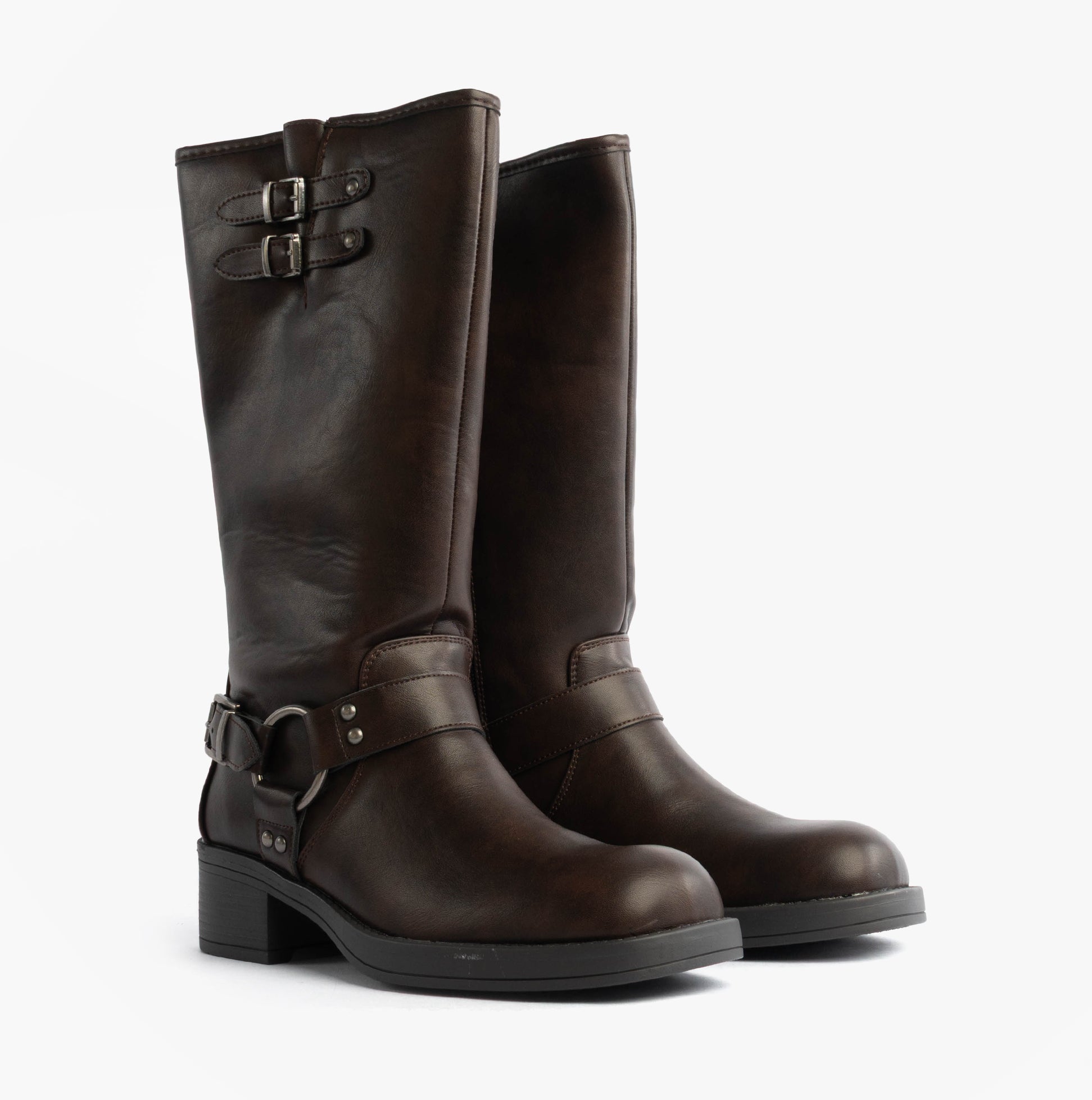 Rocket Dog NASH Womens Boots Brown side view showcasing tall faux leather design with zip closure and buckles.