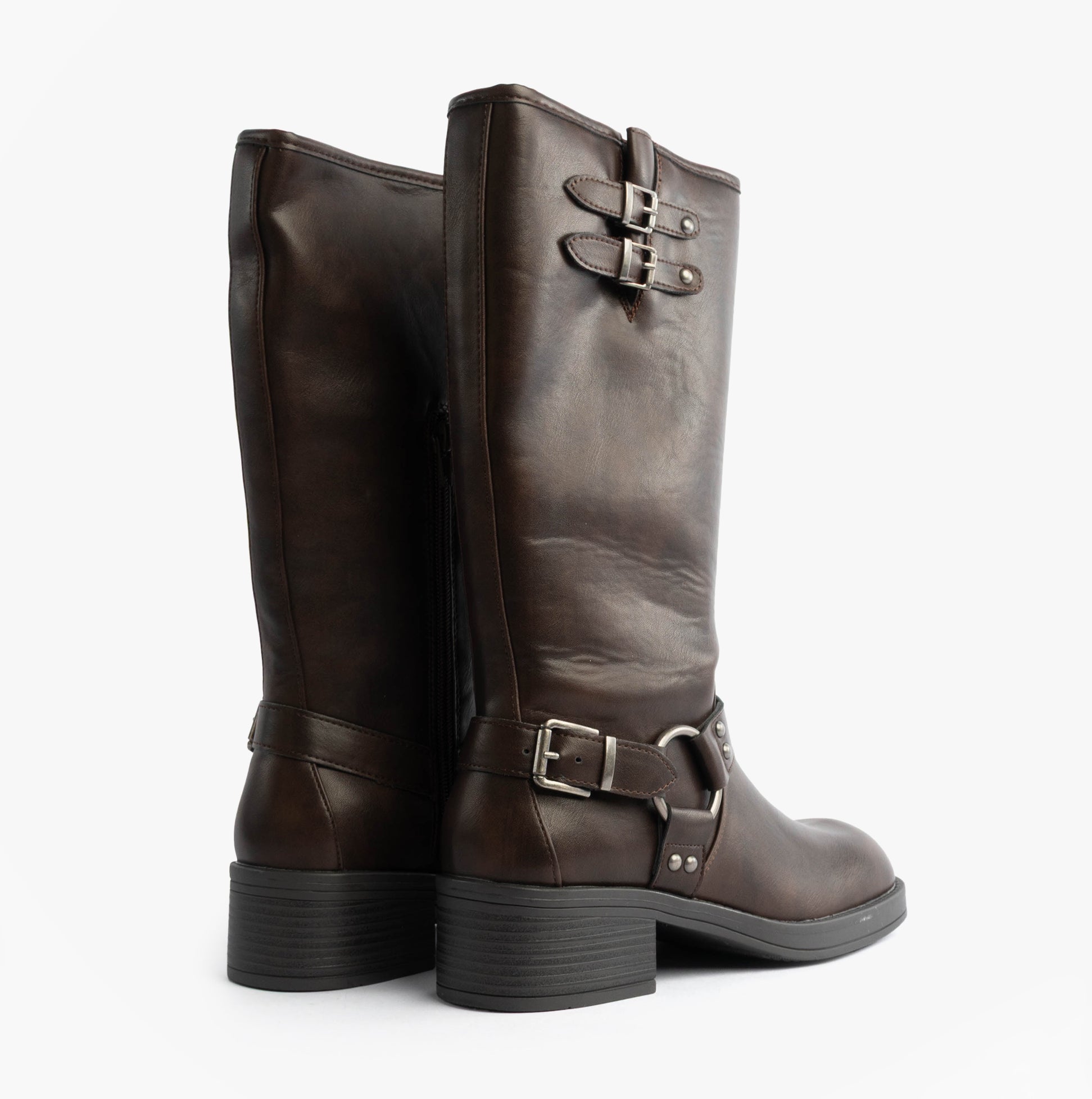 Rocket Dog NASH Womens Boots Brown side view showcasing tall faux leather design and buckle details.