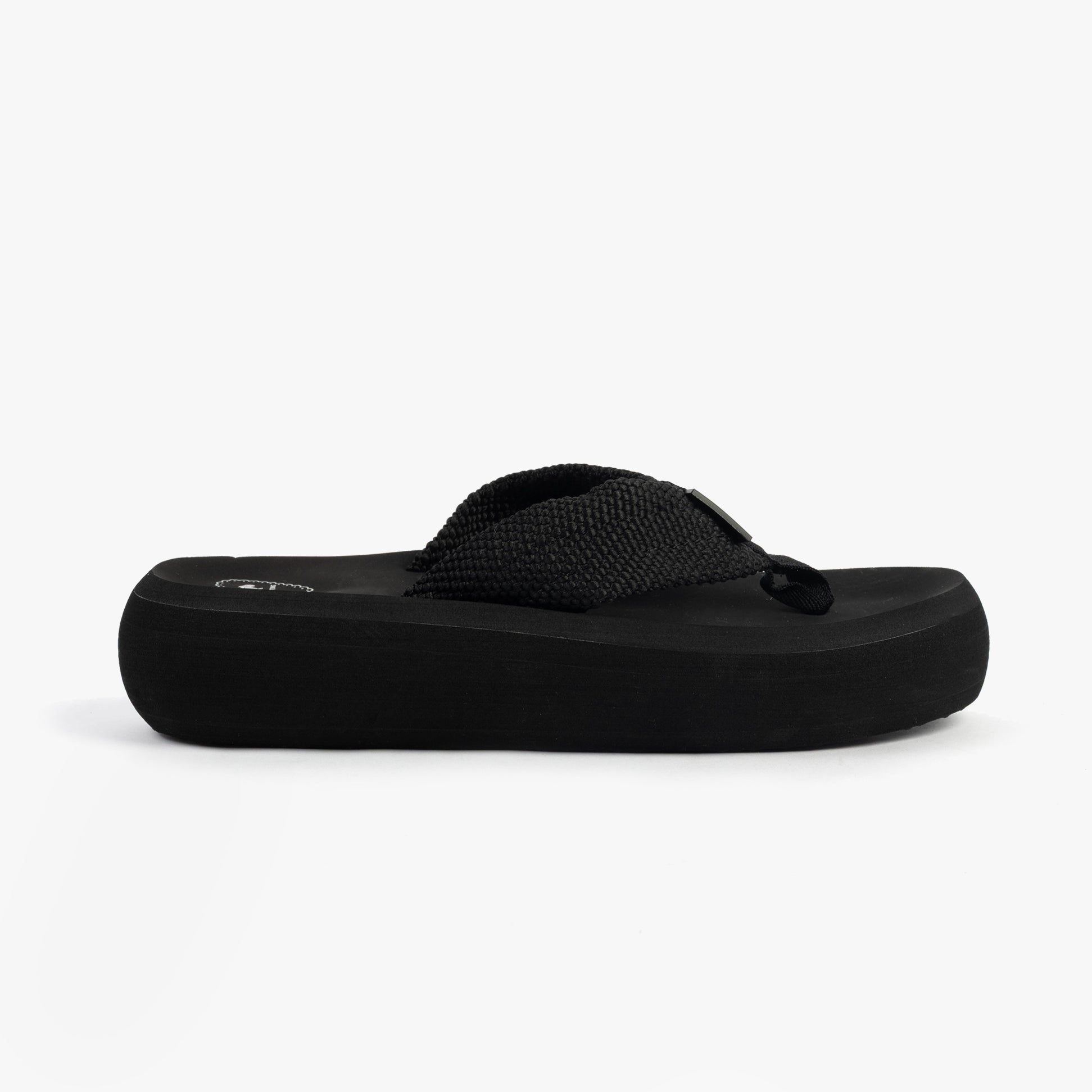 Rocket Dog SANDY WEBBING Womens Sandals Black side view showing platform, textile upper and slip-on design.