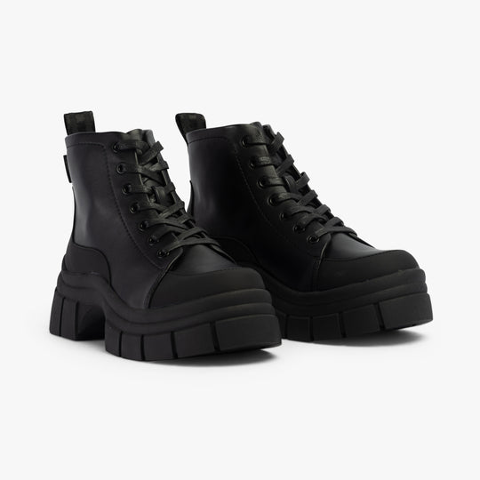 Rocket Dog TRUSTY Womens Boots Black side view showing platform style and lace-up detail.