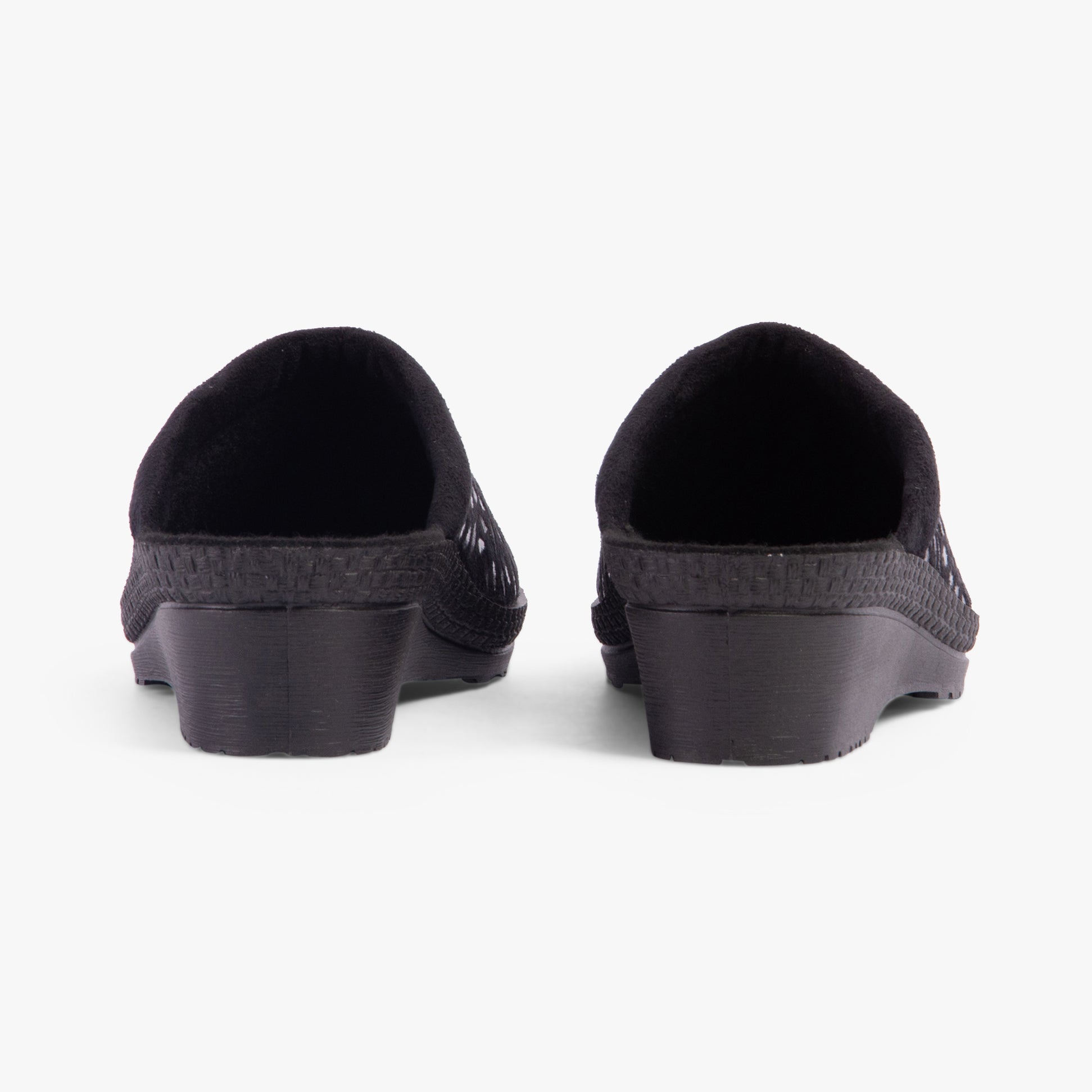 Rohde 2456-90 Womens Mules Black rear view showcasing textile upper and wedge heel design.