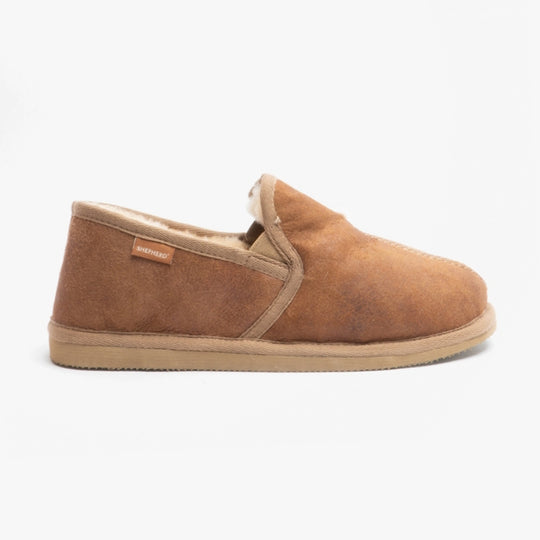 Shepherd BOSSE Mens Sheepskin Full Slippers Antique Cognac