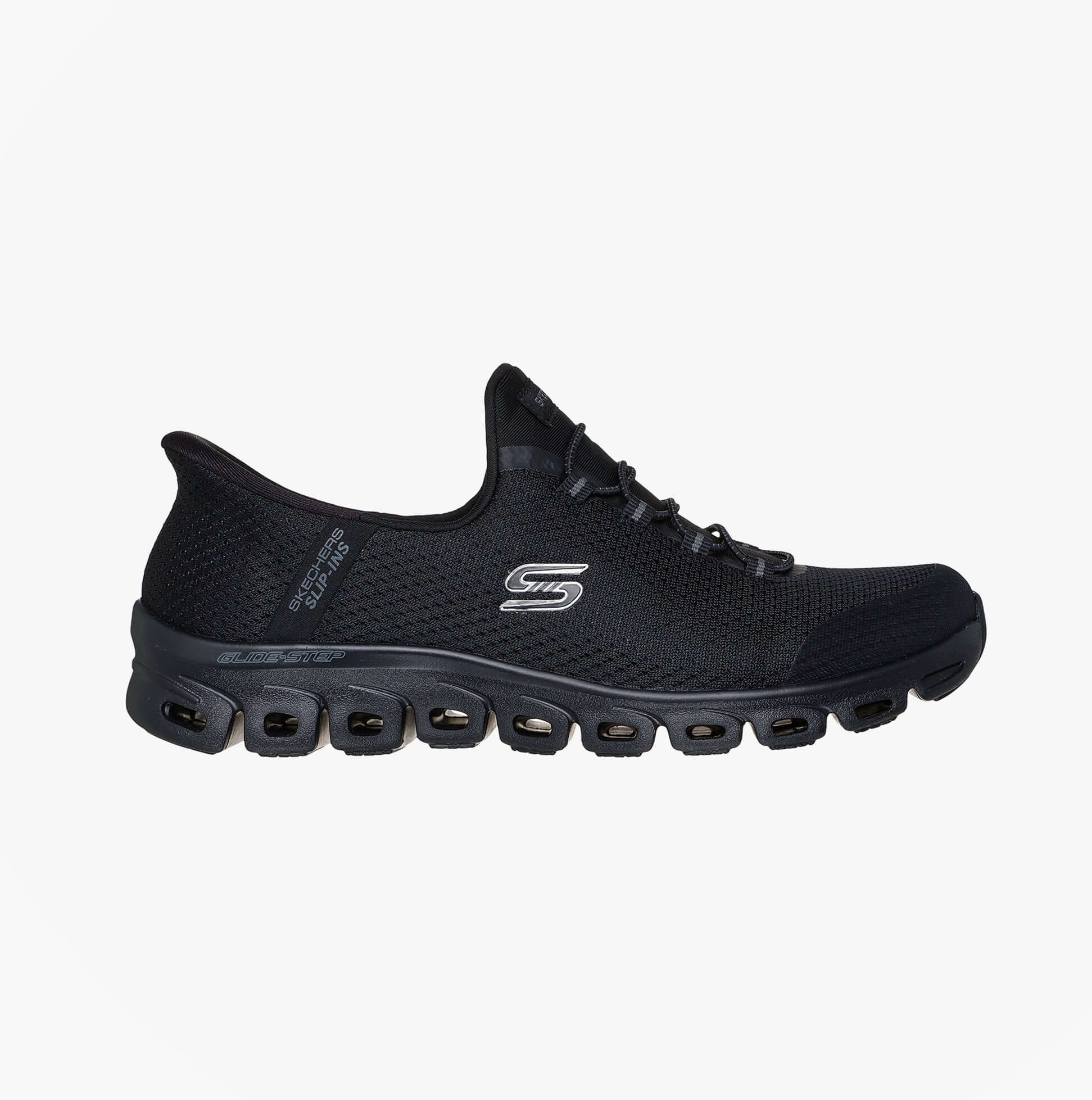 Skechers 104547/BBK GLIDE-STEP - PURSUIT Womens Trainers Black side view with comfort features and synthetic materials.