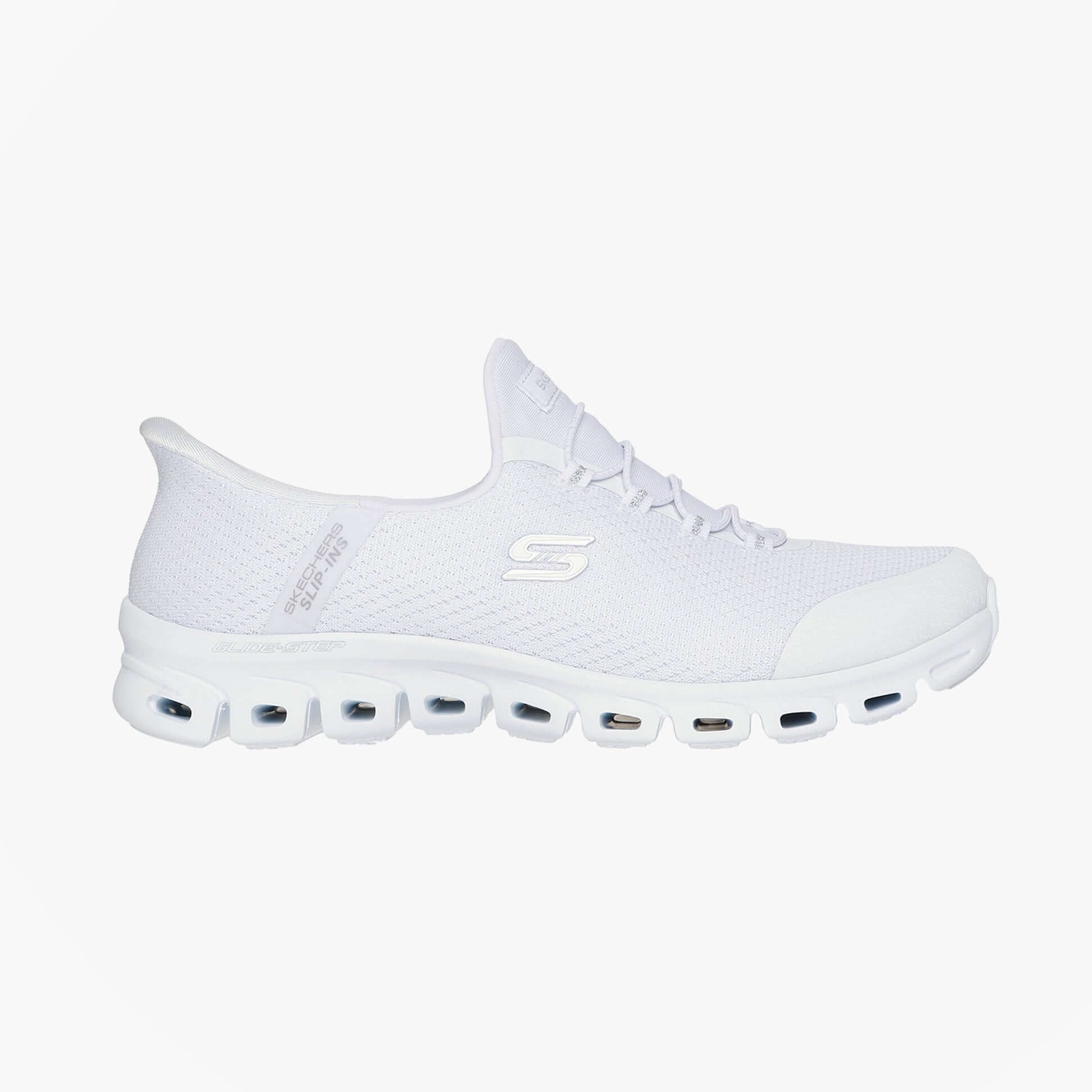 Skechers 104547/WSL GLIDE-STEP - PURSUIT Womens Trainers White/Silver side view showcasing the breathable synthetic upper.