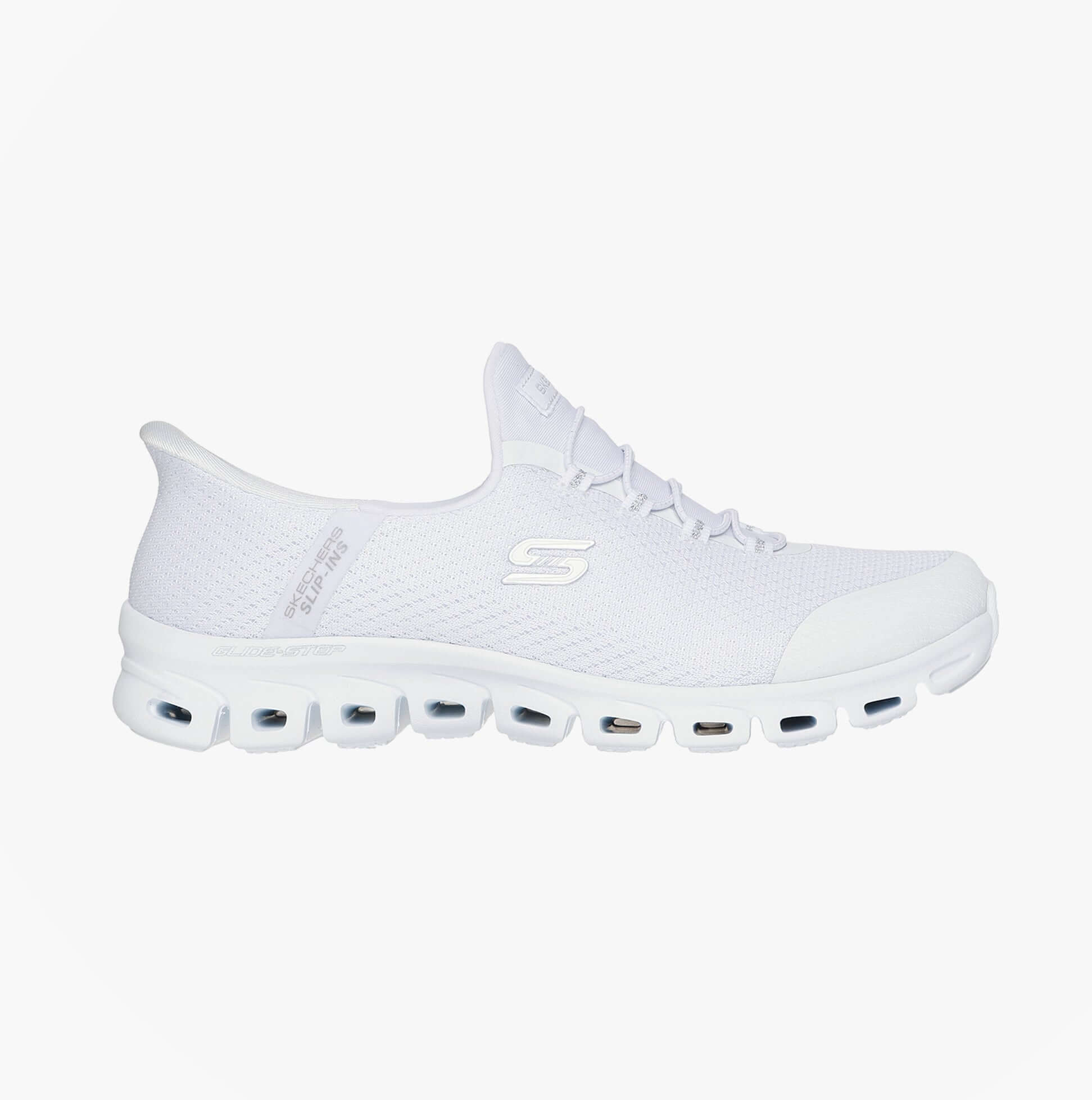 Skechers 104547/WSL GLIDE-STEP - PURSUIT Womens Trainers White/Silver side view showcasing the breathable synthetic upper.