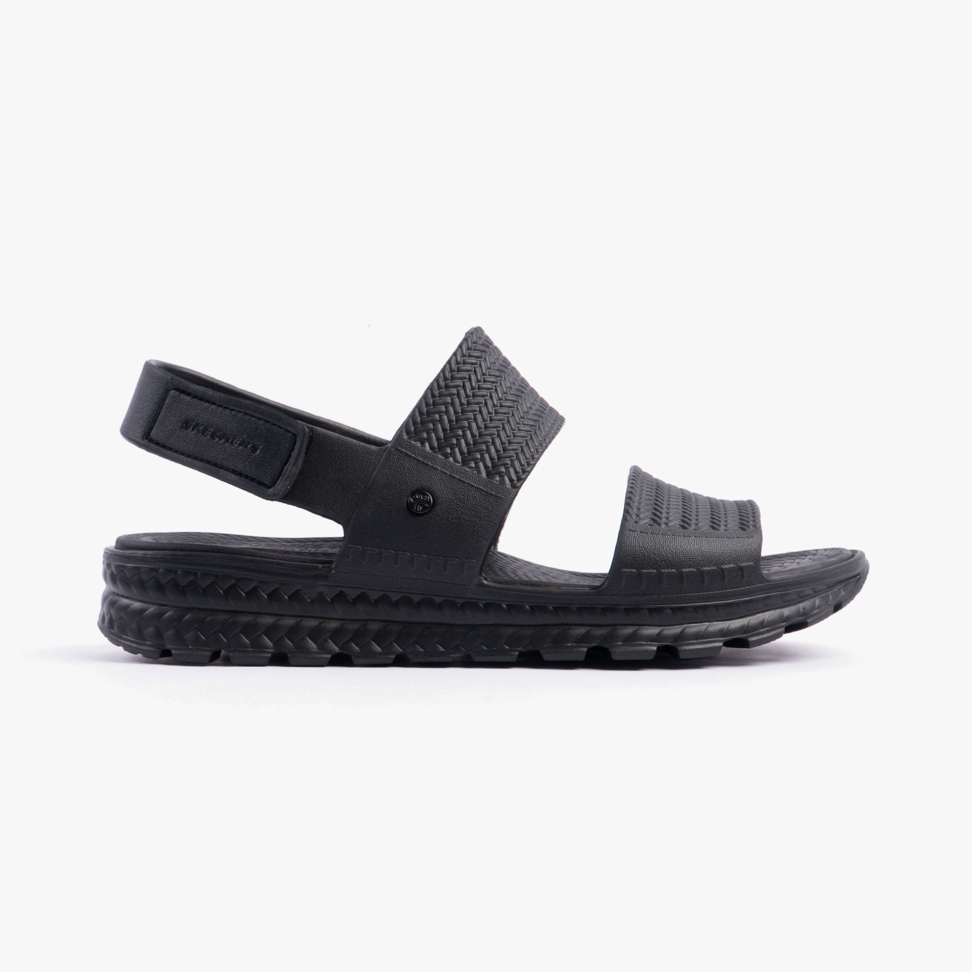 Skechers 111461/BBK ARCH FIT FOOTSTEPS - SUNNY DAYS Womens Sandals Black side view showcasing synthetic upper and rubber sole.