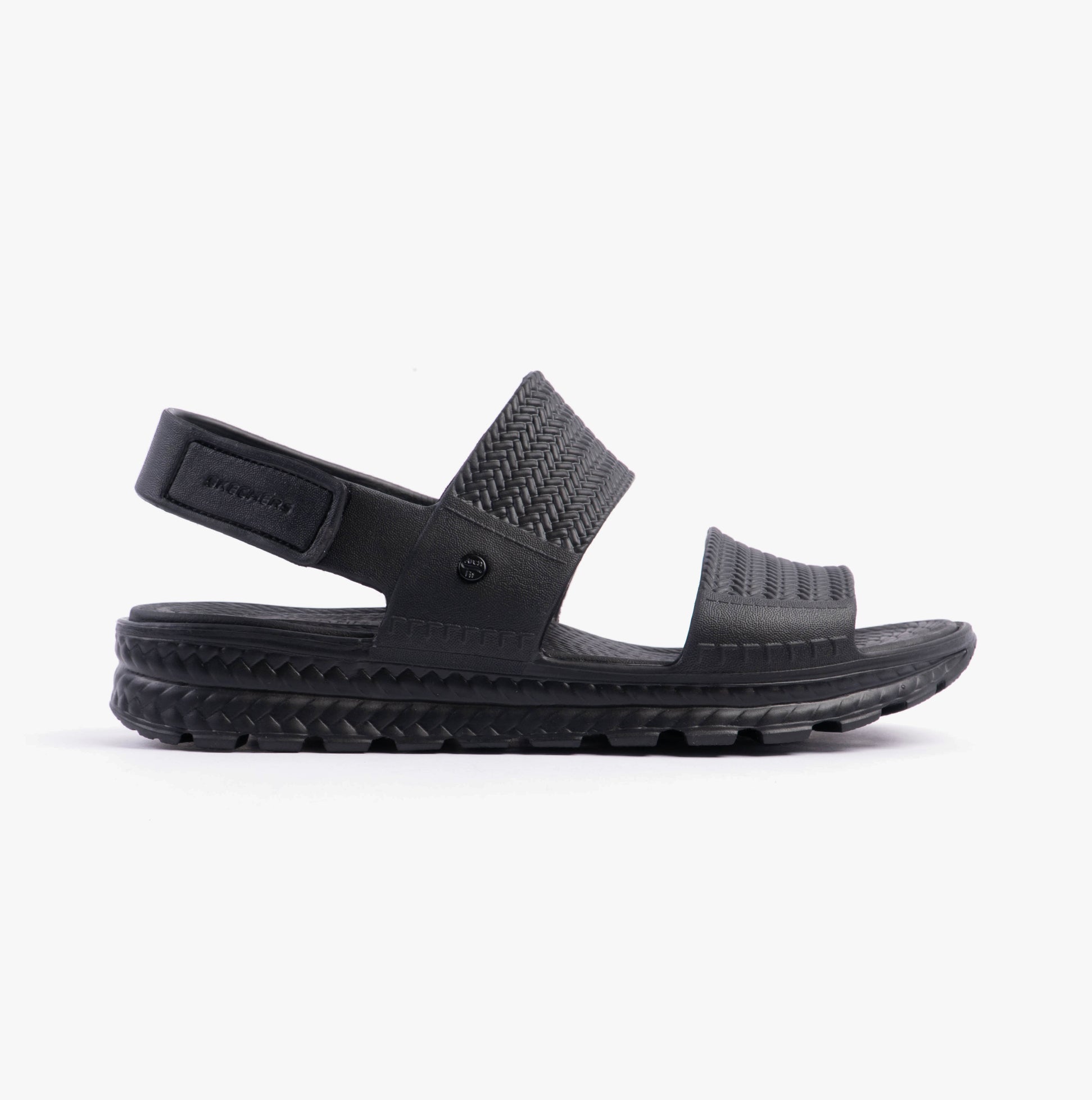 Skechers 111461/BBK ARCH FIT FOOTSTEPS - SUNNY DAYS Womens Sandals Black side view showcasing synthetic upper and rubber sole.
