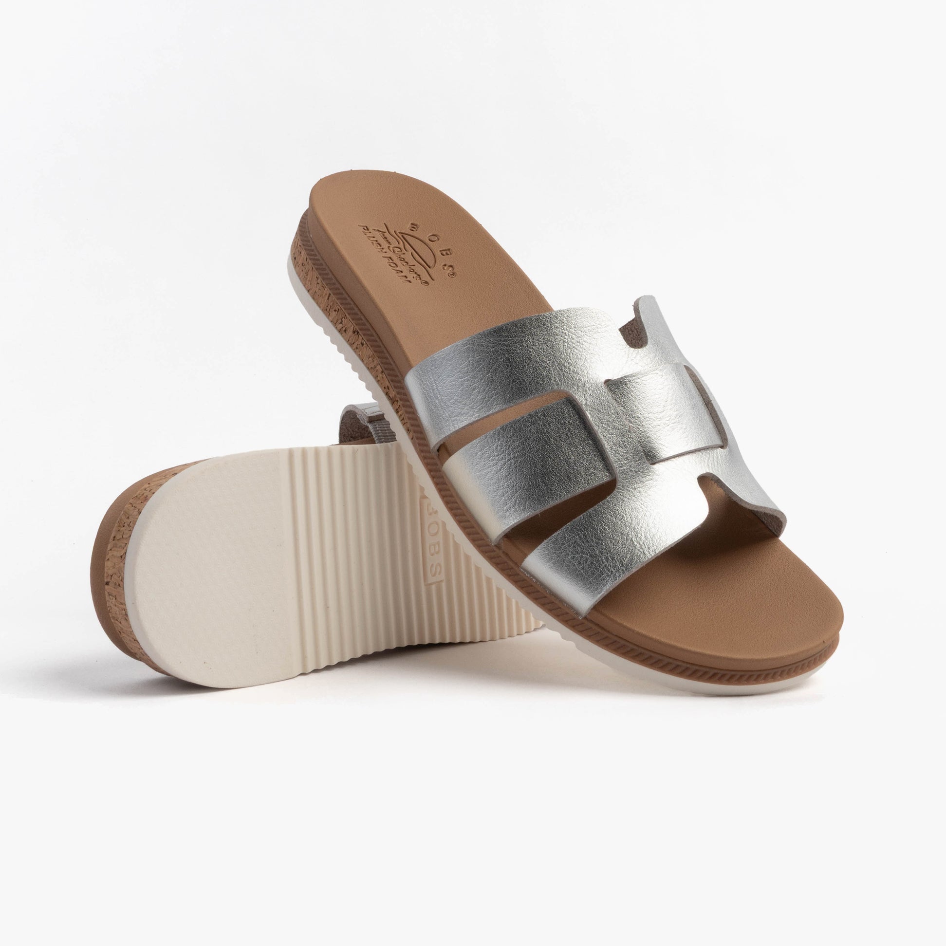 Skechers 114707/SIL BOBS DESERT KISS LOW - PEAK LOOK Womens Sandals Silver side view showcasing synthetic leather and rubber sole.