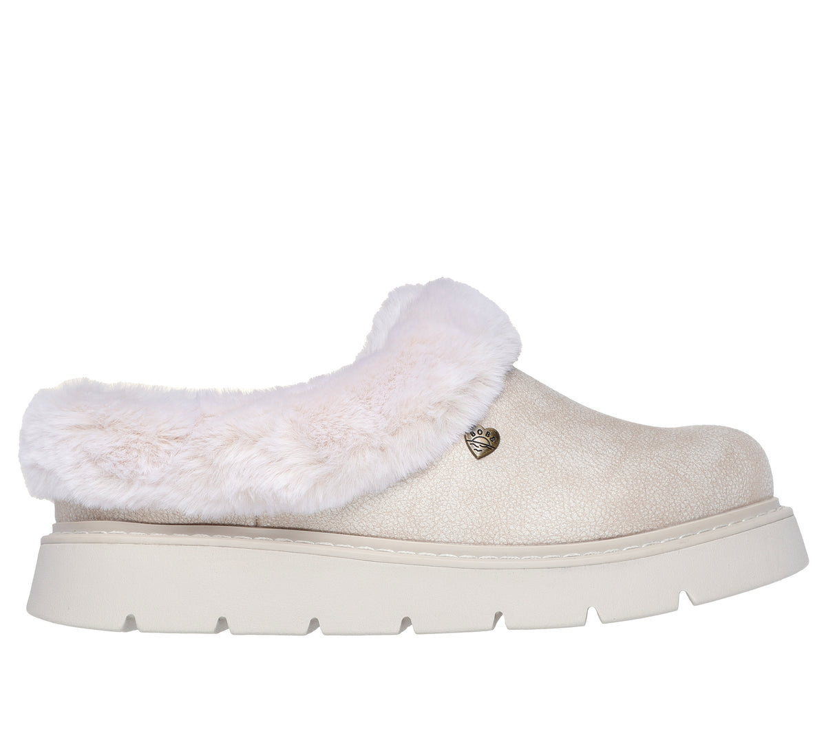 Skechers 114762/OFWT KEEPSAKES LITE - COZY BLEND Womens Slippers Off White side view with faux fur lining and rubber sole.