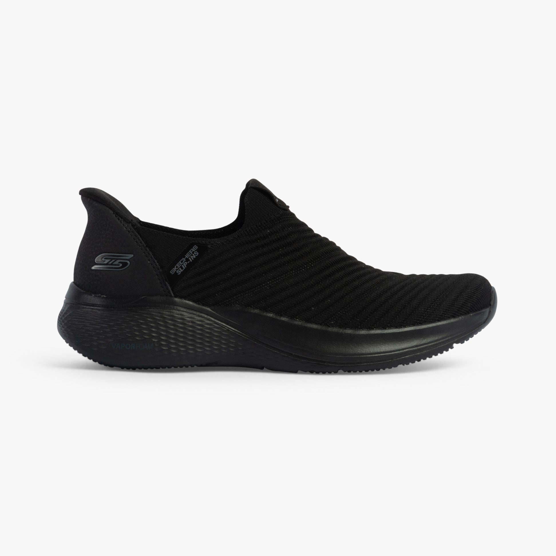 Skechers 117508/BBK BOBS INFINITY - DAILY VISION Womens Trainers Black side view showing slip-on design and comfortable synthetic upper.