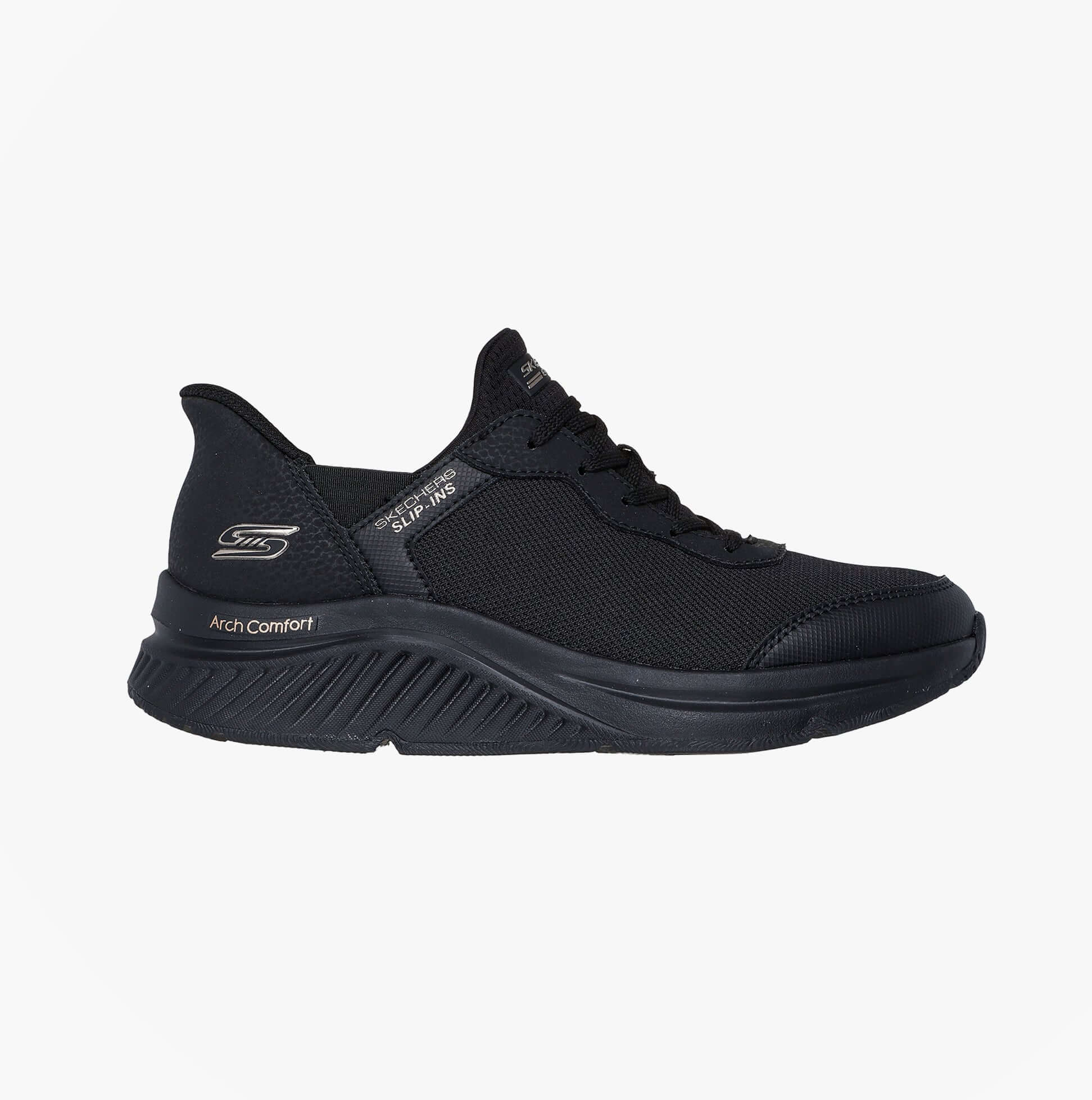 Skechers 117627/BBK BOBS ARCH COMFORT B SWEET - A Womens Trainers Black side view with lace-up closure and round toe.
