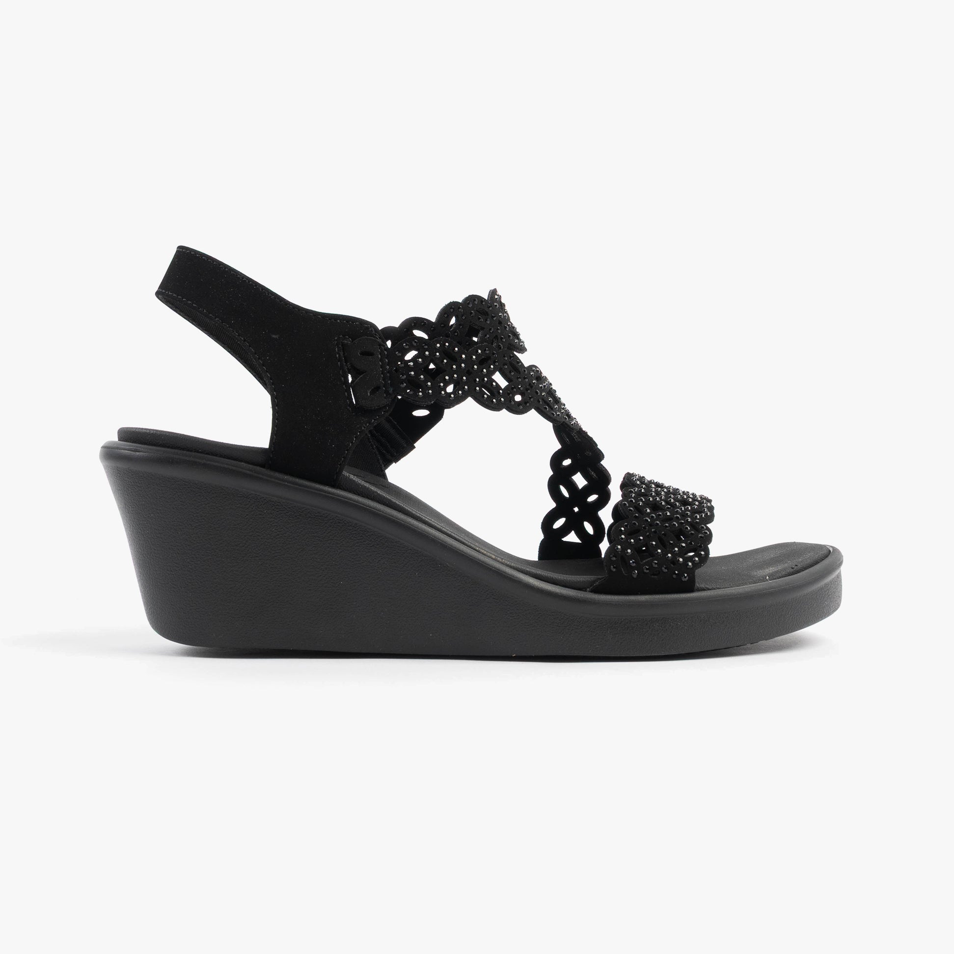 Skechers 119617/BBK RUMBLE ON - SASSIER DAYZ Womens Sandals Black side view showcasing wedge heel and stylish design.